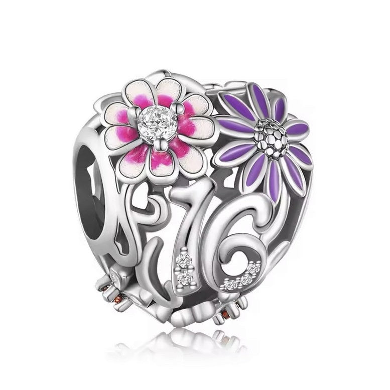S925 Sterling Silver 16th Birthday Floral Flower Heart Charm - AVILIA Designs