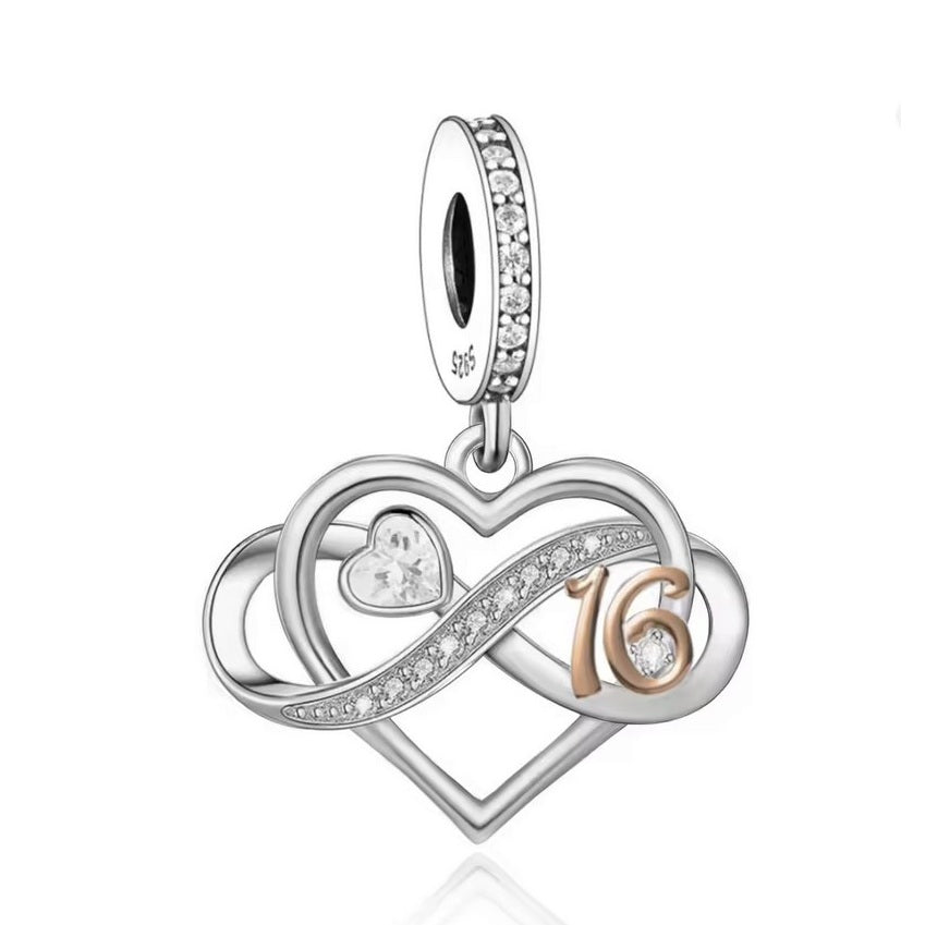 S925 Sterling Silver & Rose Gold Sparkling 16th Birthday & Infinity Heart Charm Pendant - AVILIA Designs