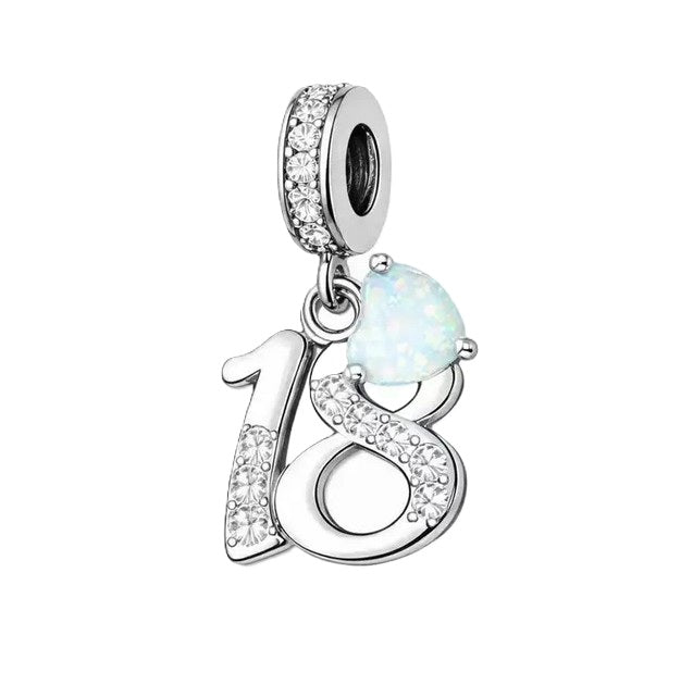 S925 Sterling Silver Sparkling 18th Birthday & Natural Opal Heart Charm Pendant - AVILIA Designs