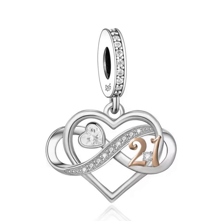 S925 Sterling Silver & Rose Gold Sparkling 21st Birthday & Infinity Heart Charm Pendant - AVILIA Designs