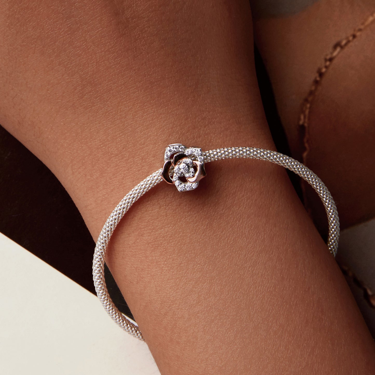 S925 Silver & Rose Gold Blooming Sparkling Rose Heart Charm - AVILIA Designs