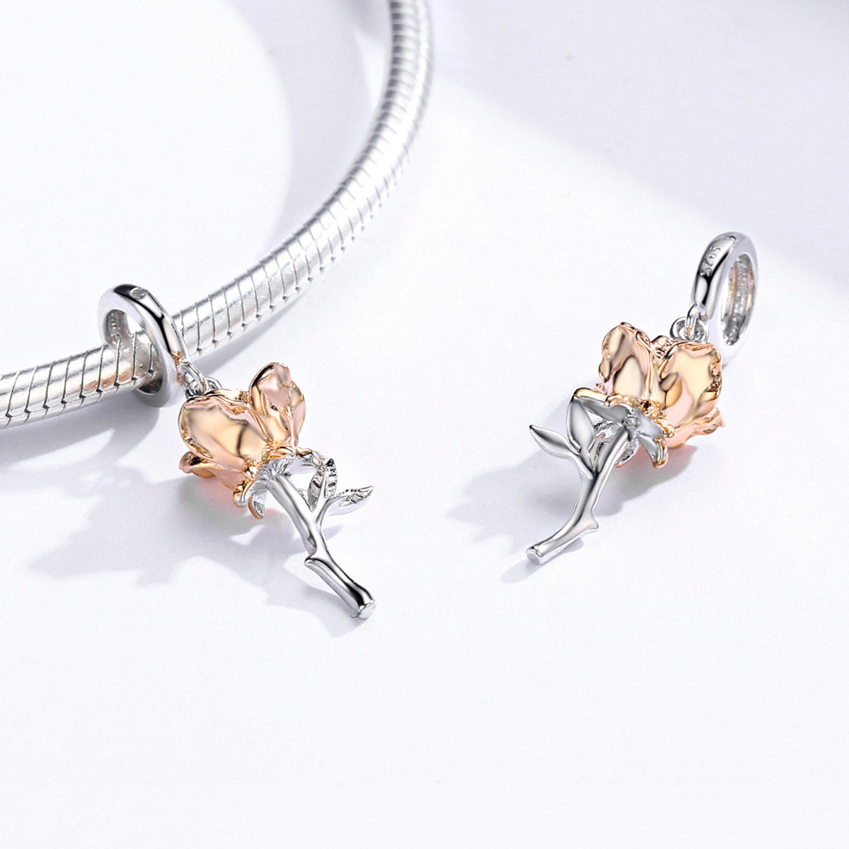S925 Silver & Rose Gold Hanging Single Rose Pendant Charm - AVILIA Designs