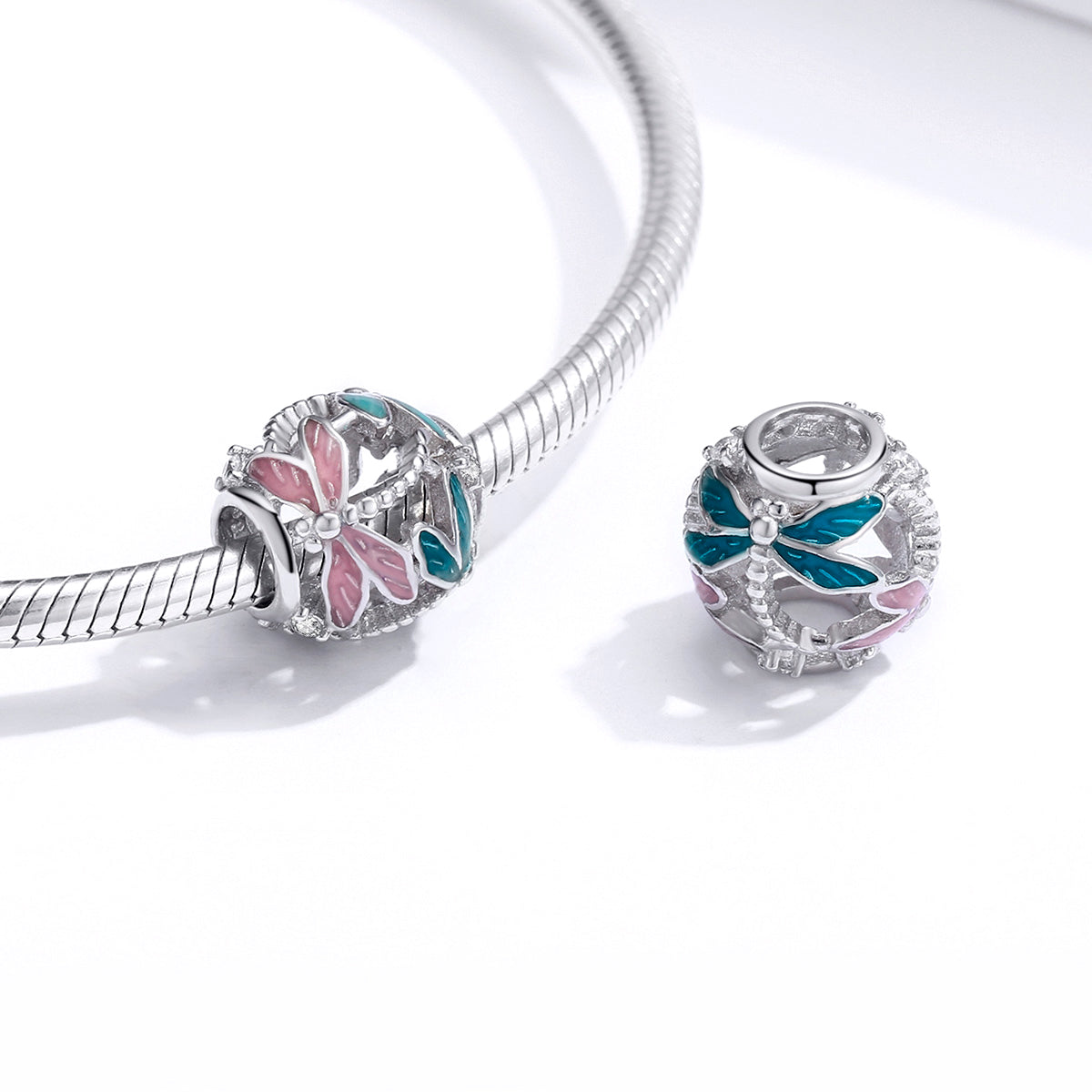 SOLID Sterling Silver Pastel Dragonfly Meadow Pink Aqua Charm - AVILIA Designs