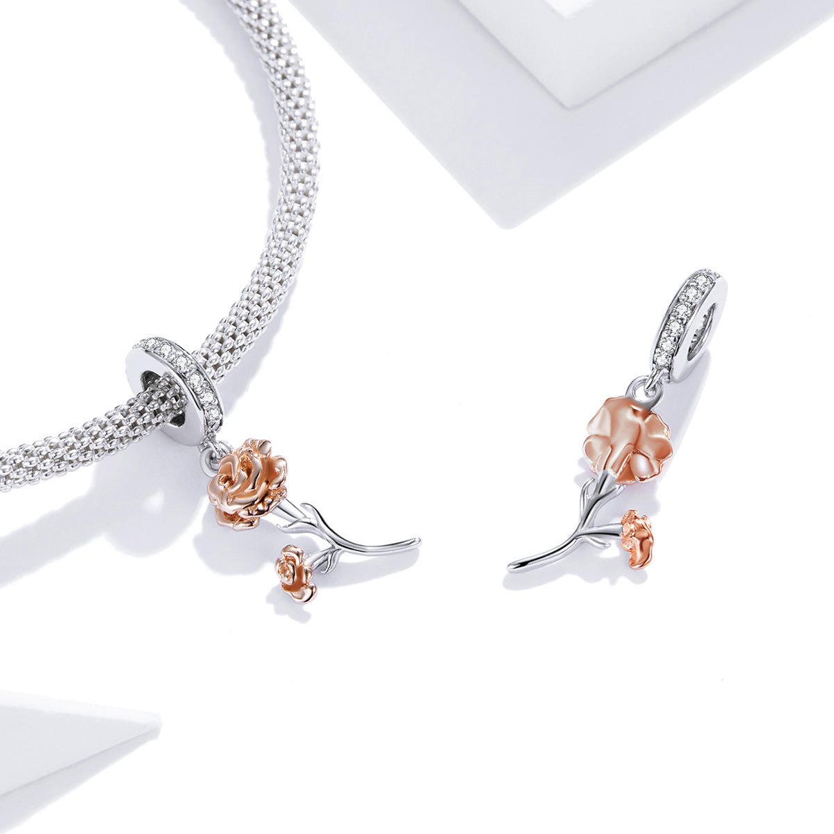 S925 Silver & Rose Gold Hanging Rose Flower Charm Pendant - AVILIA Designs