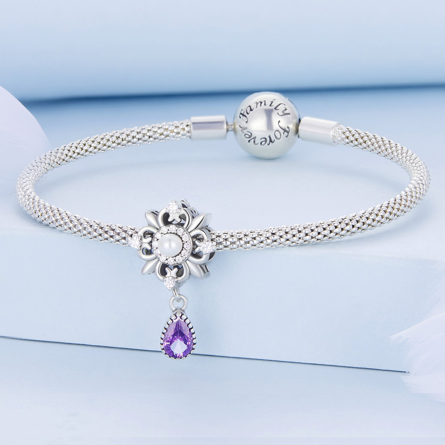SOLID Sterling Silver Purple Vintage Lace Flower Pearl Charm Pendant - AVILIA Designs