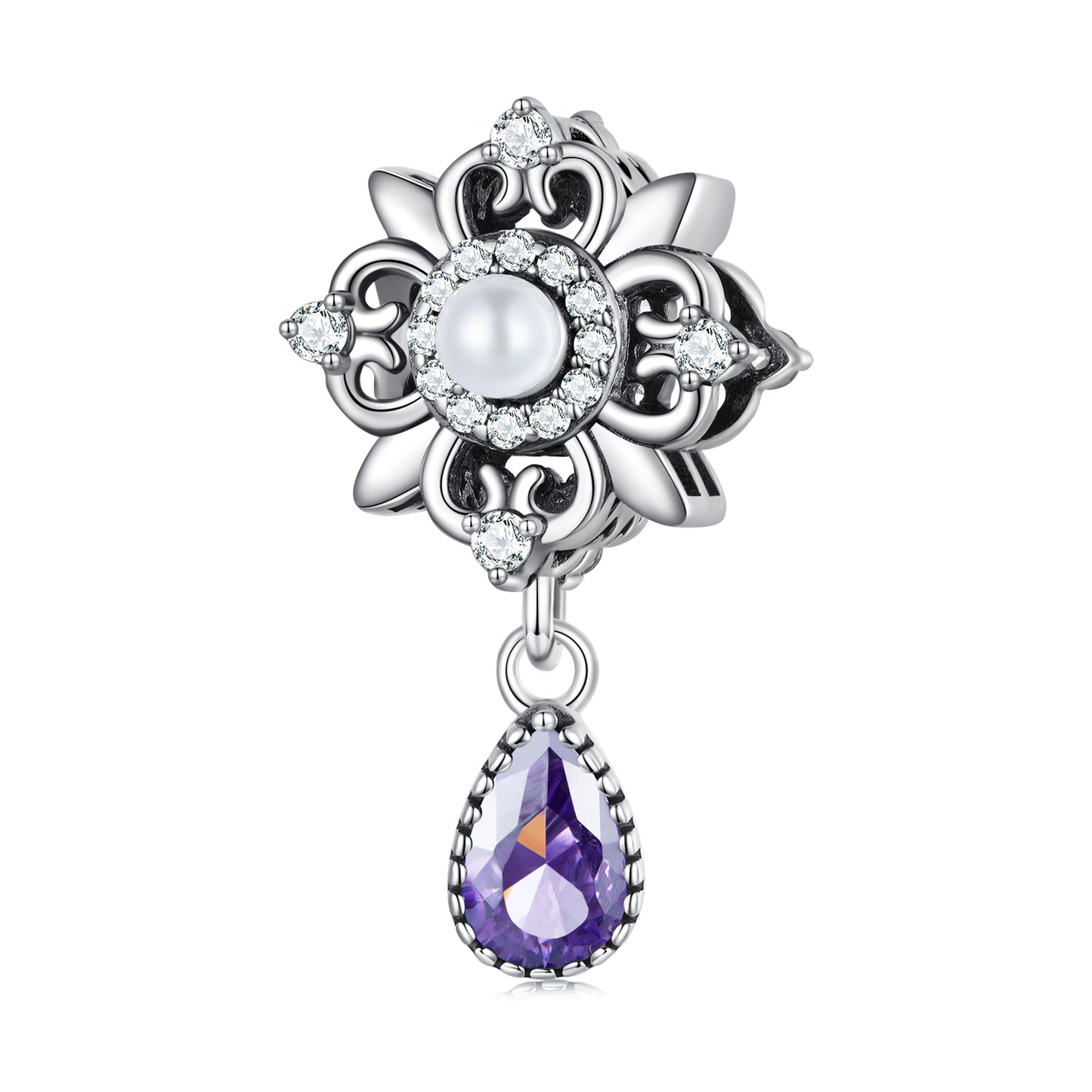 SOLID Sterling Silver Purple Vintage Lace Flower Pearl Charm Pendant - AVILIA Designs
