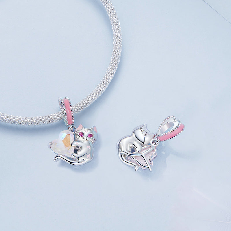 S925 Sterling Silver Mystic Heart Cat Kitten Hanging Charm Pendant - AVILIA Designs