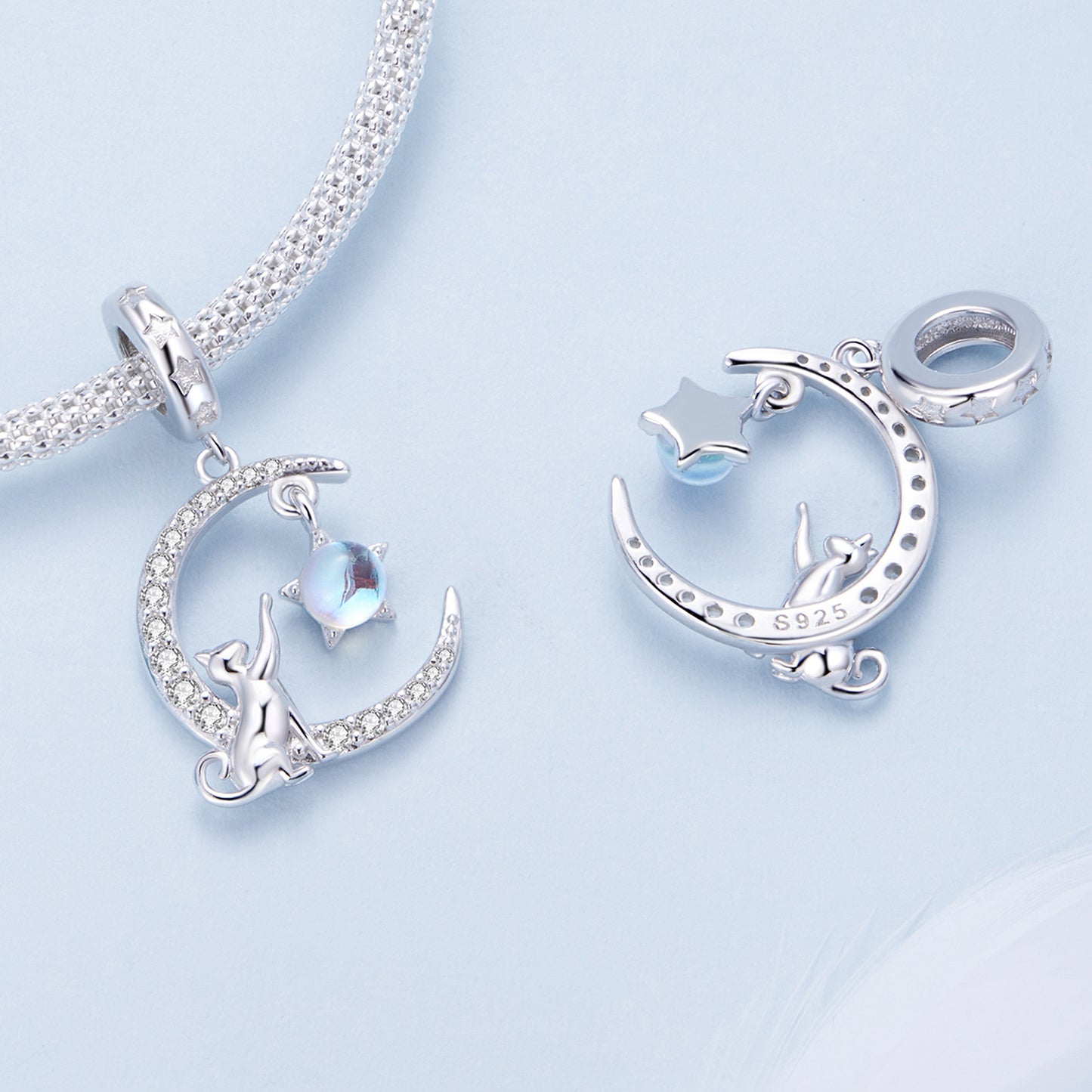 S925 Sterling Silver Cat on the Moon Sparkly Charm Pendant - AVILIA Designs