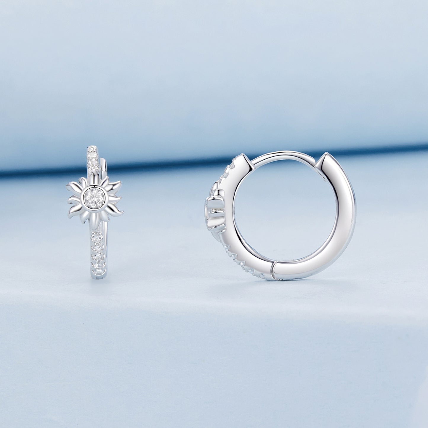 SOLID Sterling Silver Celestial Sun 12mm CZ Hoop Earrings - AVILIA Designs