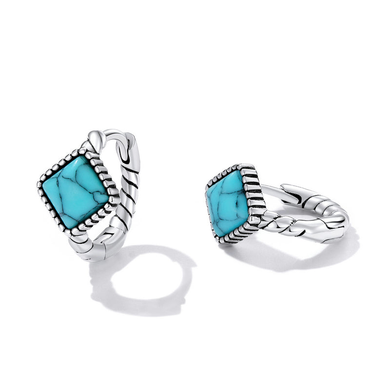 SOLID Sterling Silver Natural Turquoise Rope Hoop Earrings - AVILIA Designs
