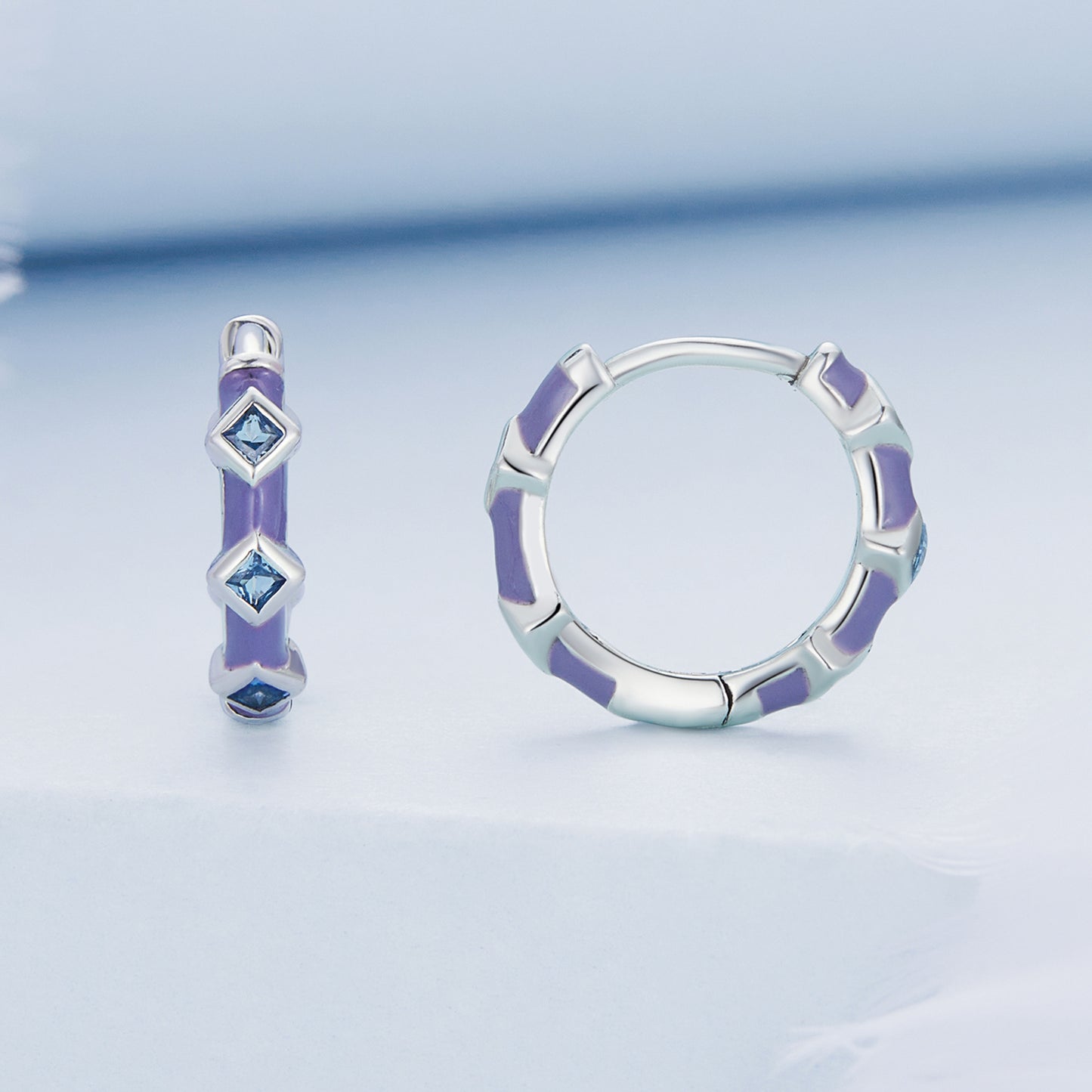 SOLID Sterling Silver Blue CZ Geometric Huggie Hoop Earrings - AVILIA Designs