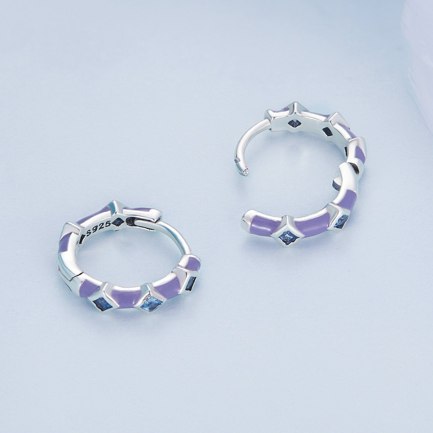 SOLID Sterling Silver Blue CZ Geometric Huggie Hoop Earrings - AVILIA Designs