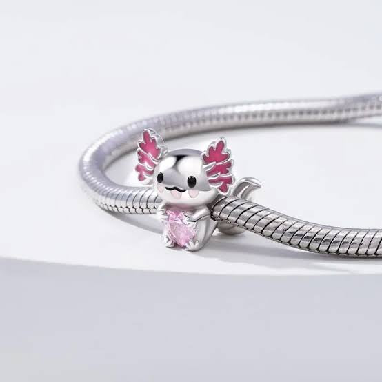 S925 Sterling Silver Sweet Axolotl Fish Pink Heart Charm - AVILIA Designs