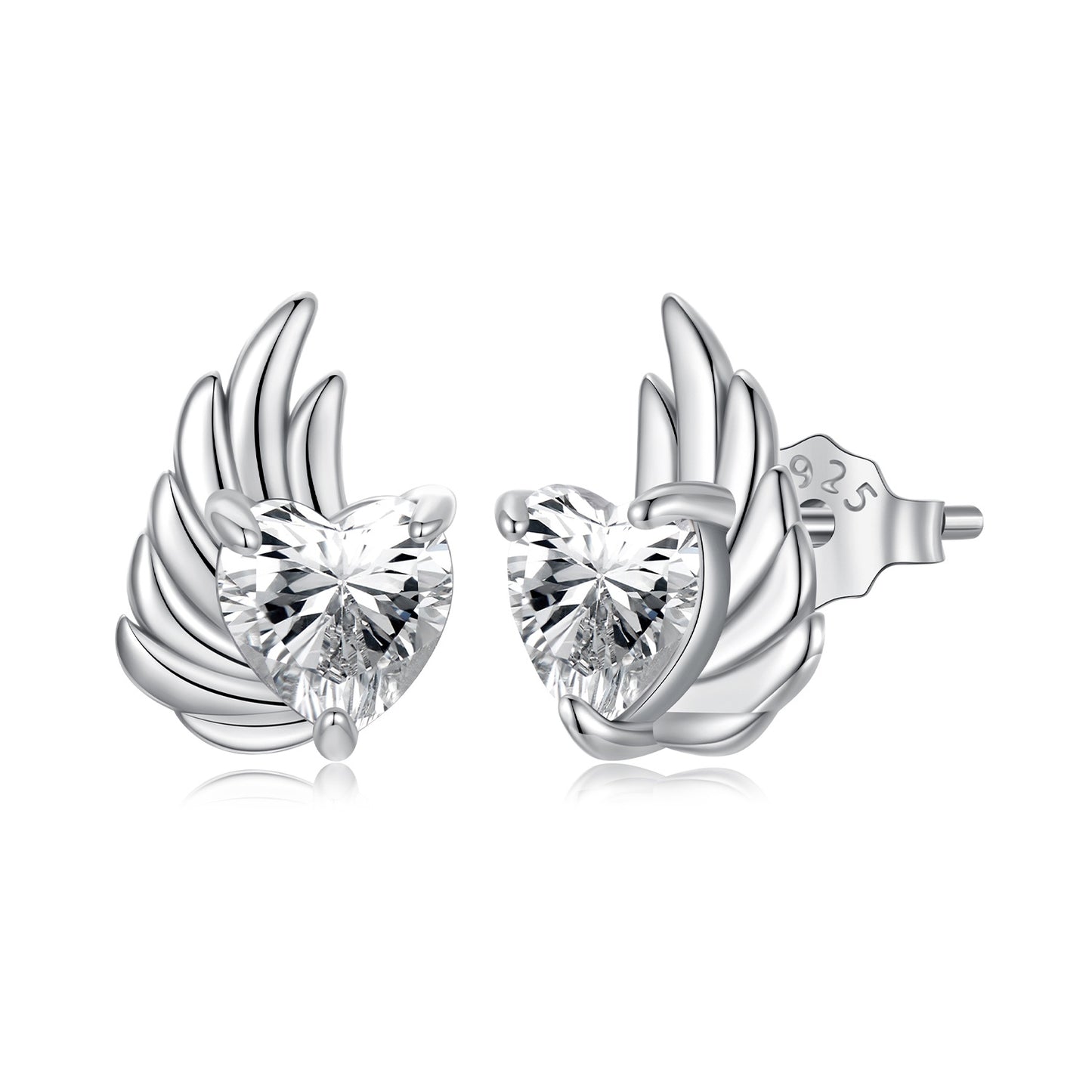 SOLID Sterling Silver Sparkly Angel Wing Heart Stud Earrings
