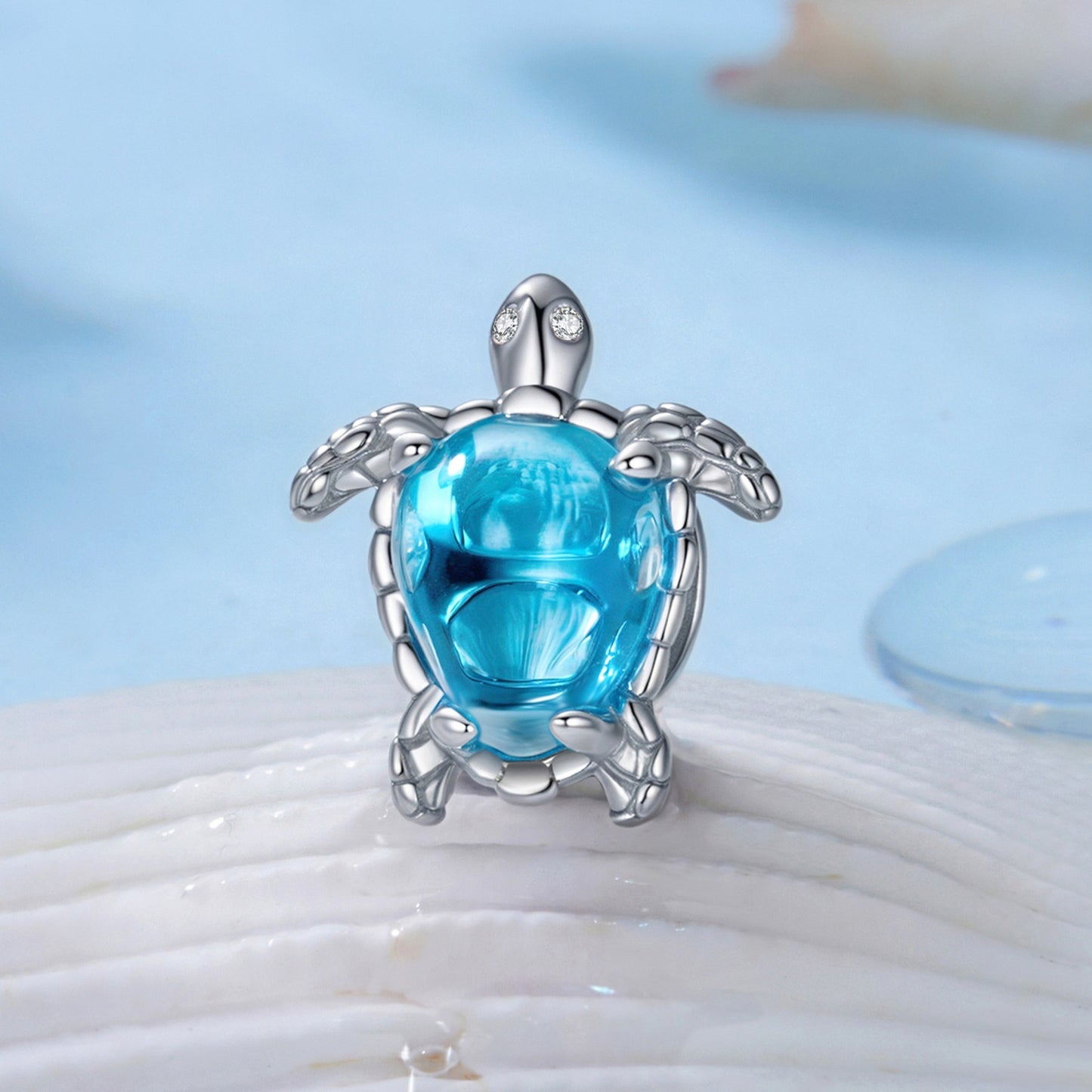 SOLID Sterling Silver Light Blue Sea Glass Turtle Charm - AVILIA Designs