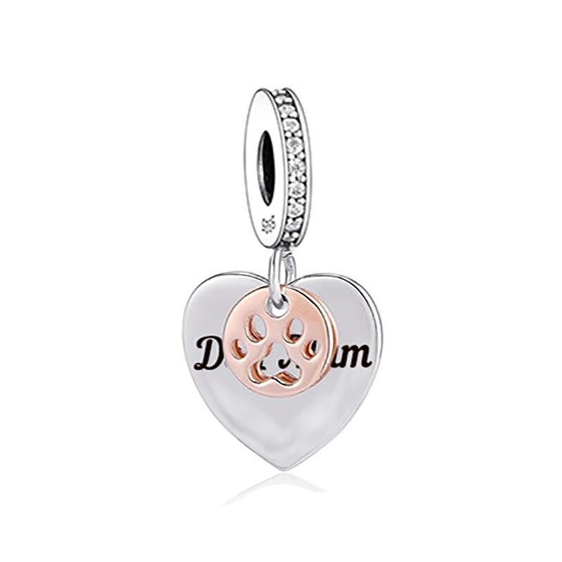 S925 Silver & Rose Gold Dog Mum Hanging Heart Paw Charm Pendant - AVILIA Designs