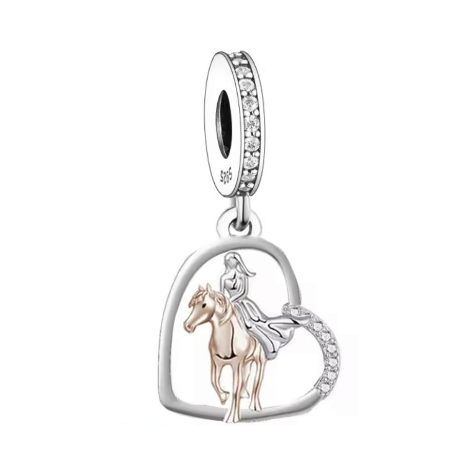 S925 Silver & Rose Gold Horse & Girl Riding Heart Charm Pendant - AVILIA Designs