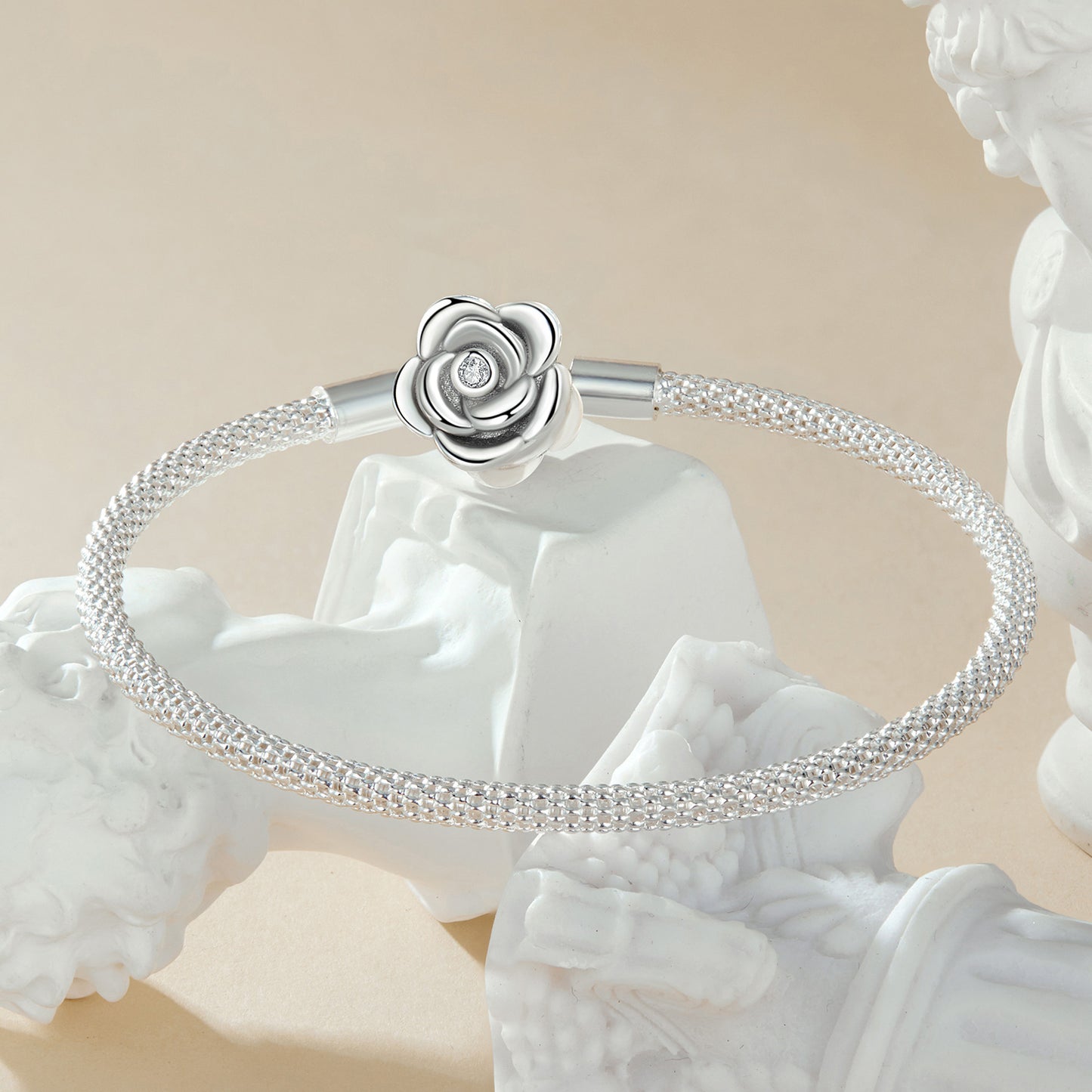 Sterling Silver S925 Blooming Rose Mesh 19cm Charm Bangle - AVILIA Designs