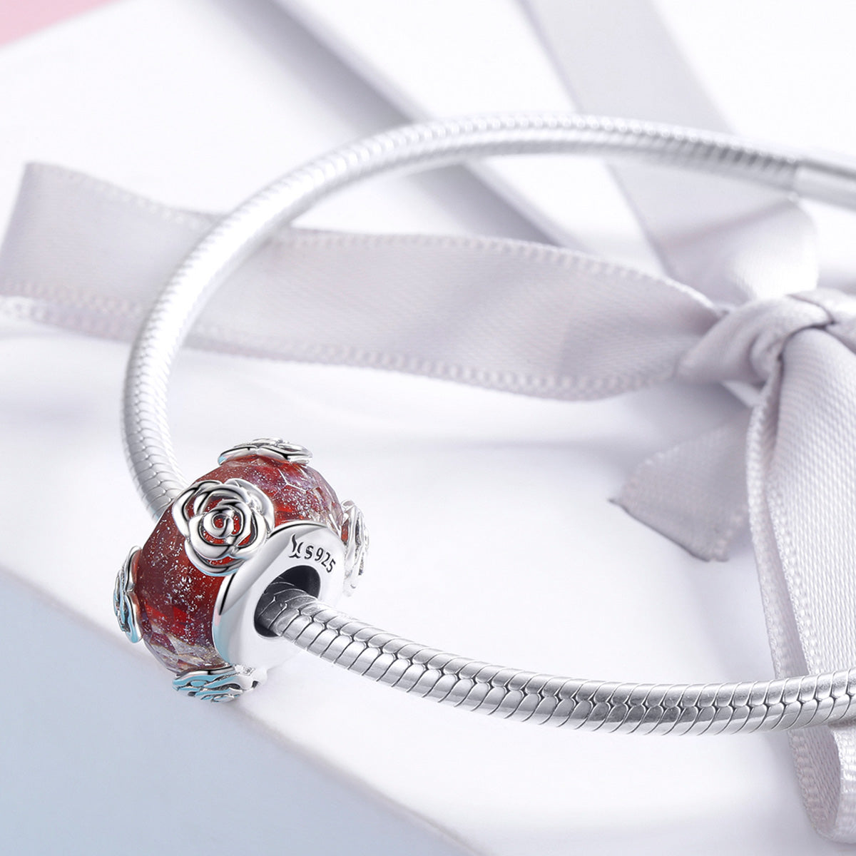 S925 Sterling Silver Red Faceted Roses Glass Murano Charm - AVILIA Designs
