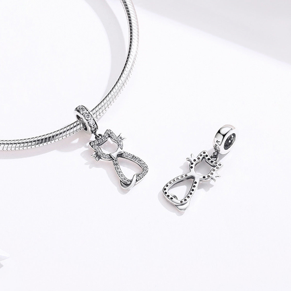 SOLID Sterling Silver Hanging Sparkling Kitten Cat Charm Pendant - AVILIA Designs