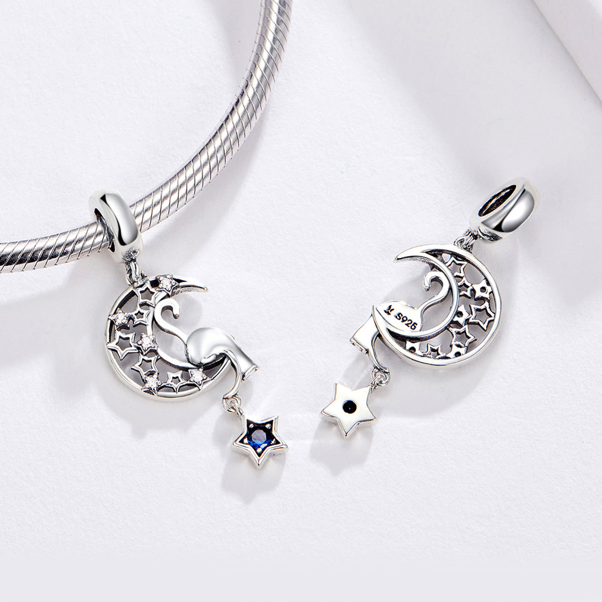 SOLID Sterling Silver Hanging Cat on the Moon Pendant Charm - AVILIA Designs