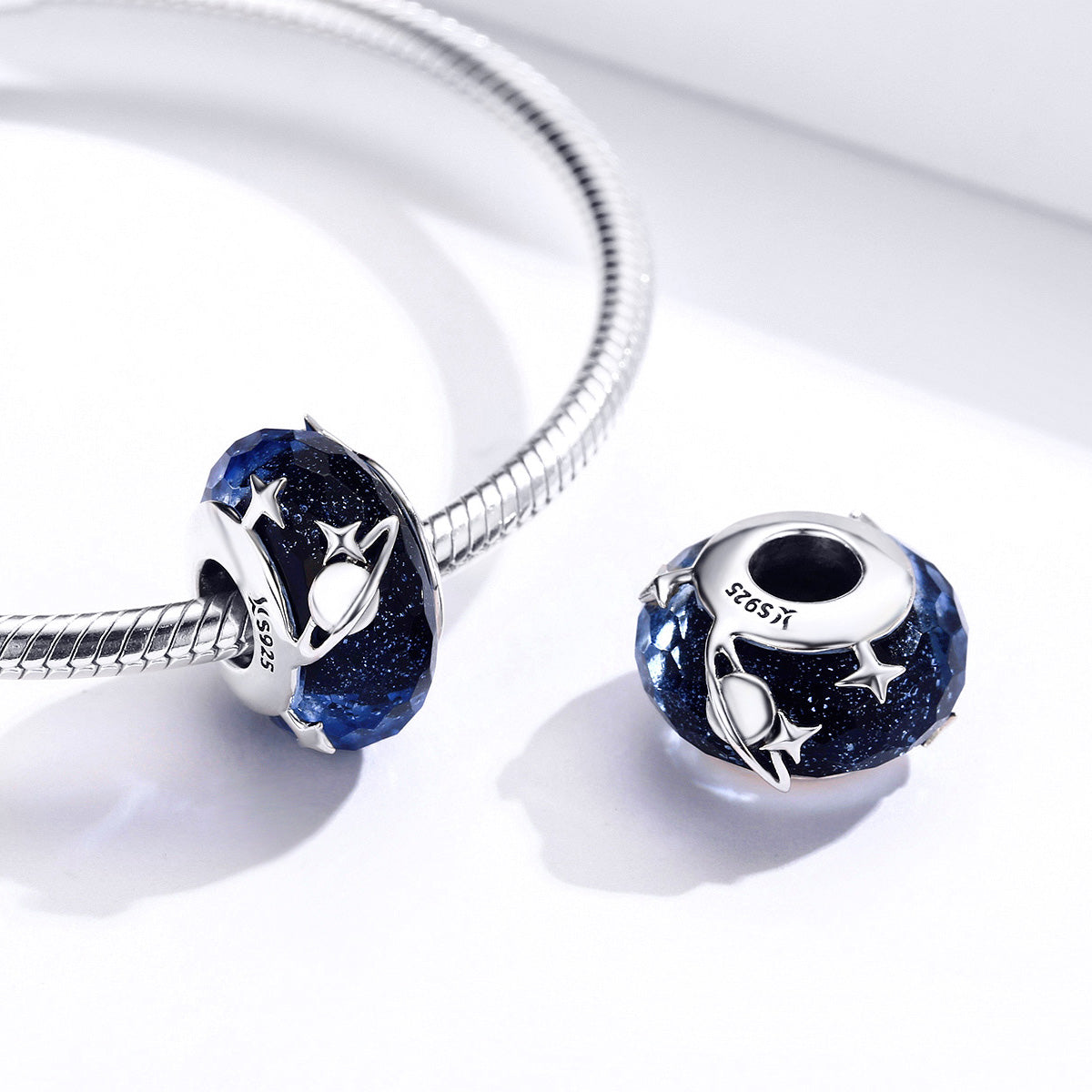 S925 Sterling Silver Dark Blue Planet Stars Glass Murano Charm - AVILIA Designs