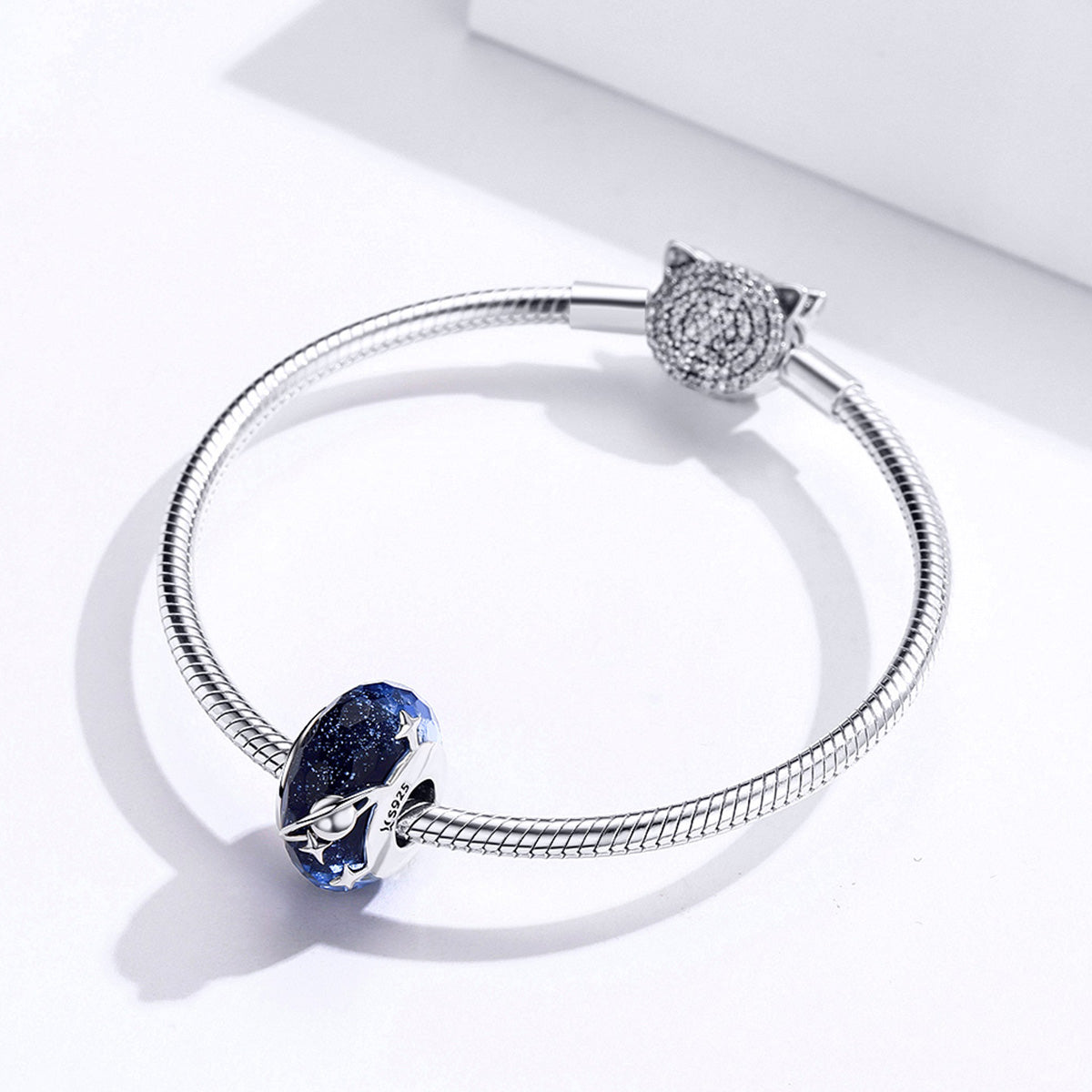 S925 Sterling Silver Dark Blue Planet Stars Glass Murano Charm - AVILIA Designs