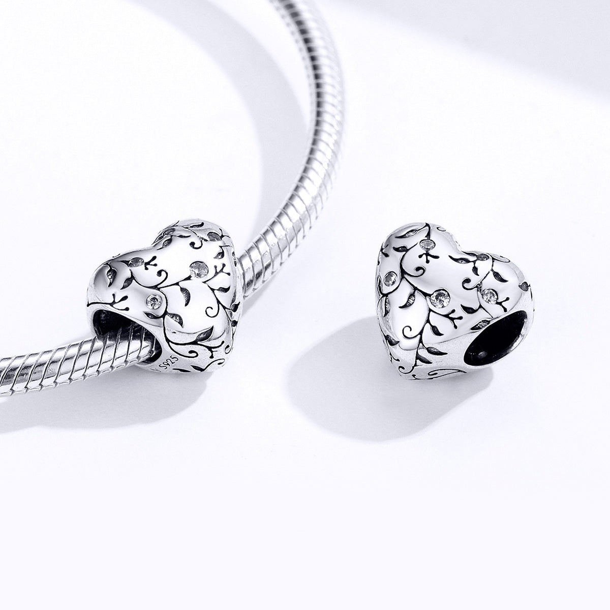 SOLID Sterling Silver Sparkling Floral Vine Heart Charm - AVILIA Designs