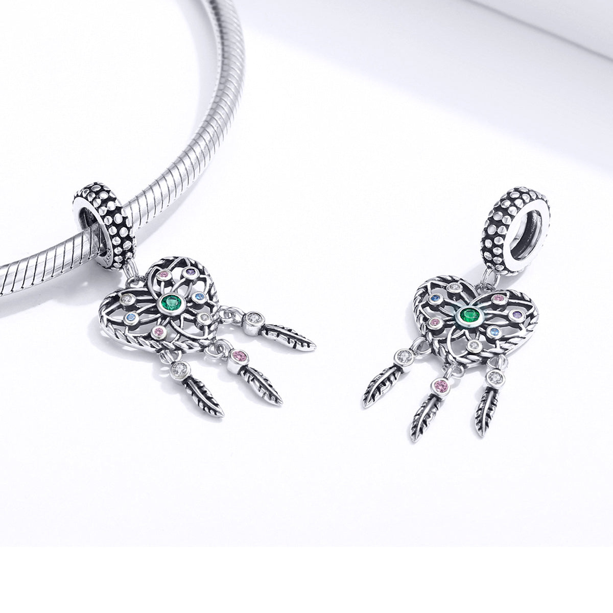 SOLID Sterling Silver Hanging Heart Dream Catcher Charm Pendant - AVILIA Designs