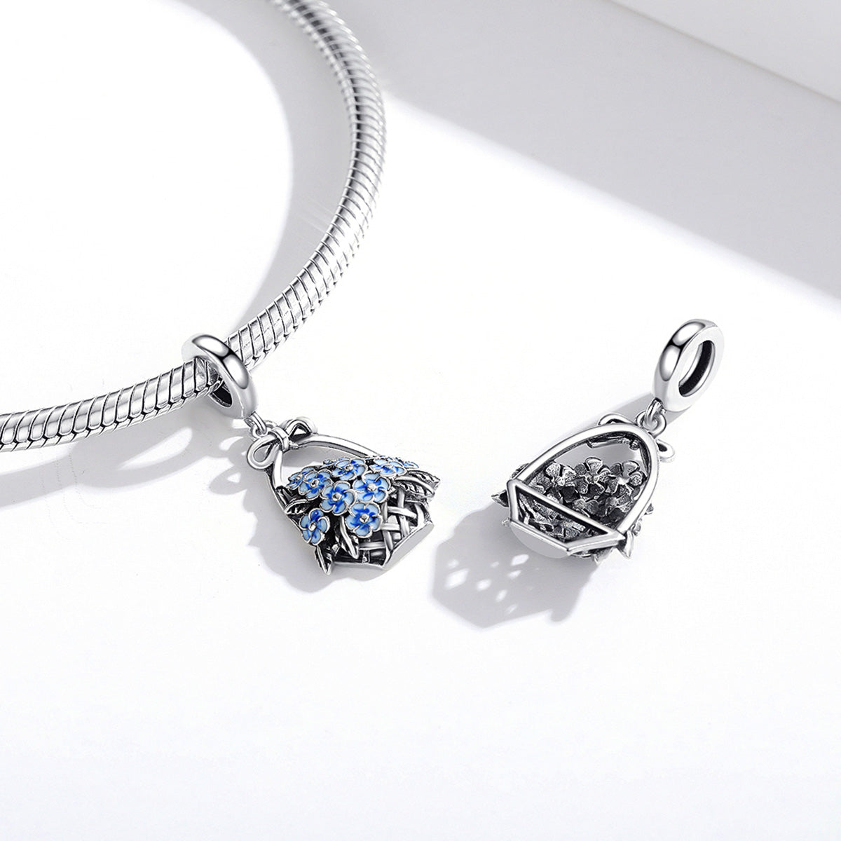 SOLID Sterling Silver Vintage Basket of Blue Flowers Charm Pendant - AVILIA Designs