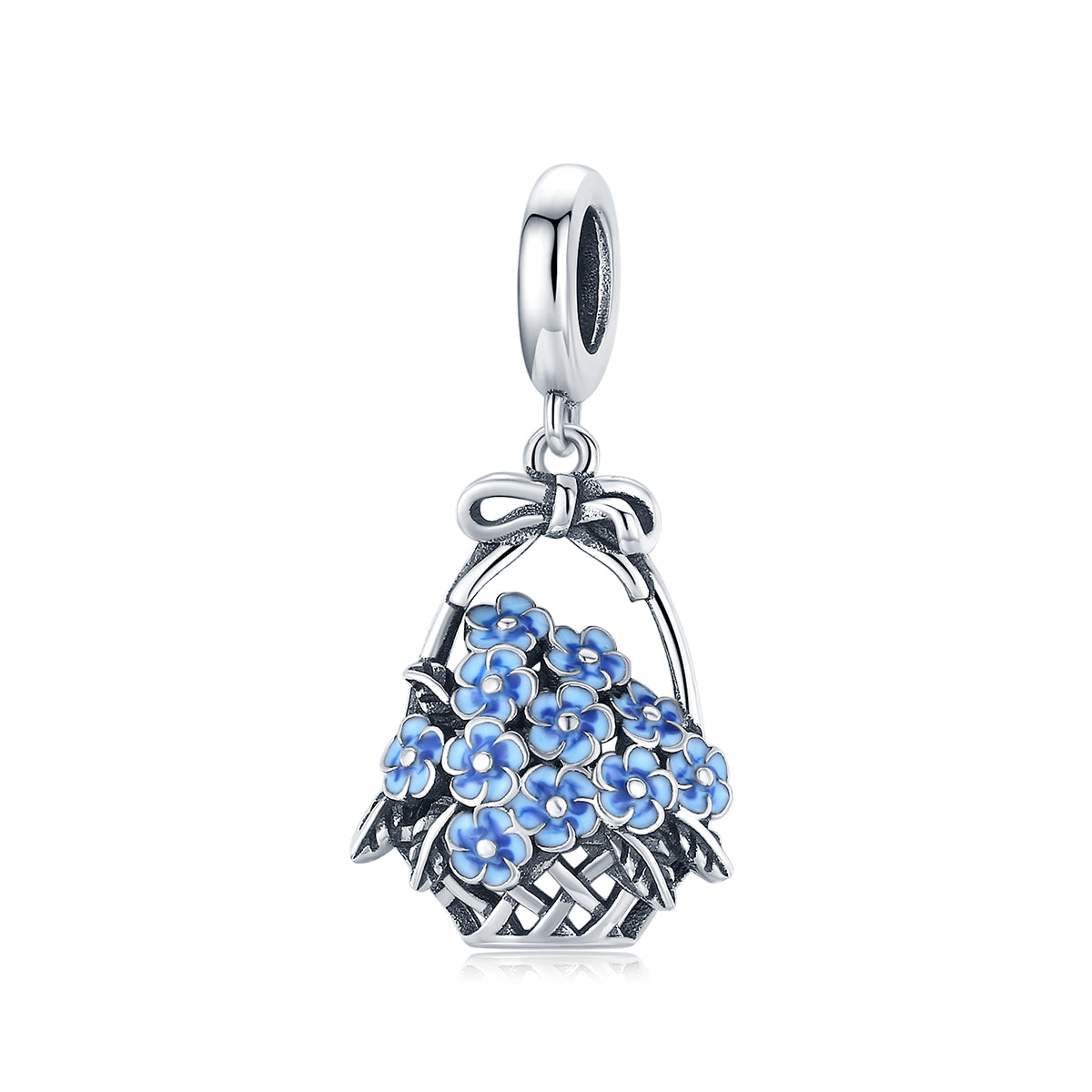 SOLID Sterling Silver Vintage Basket of Blue Flowers Charm Pendant - AVILIA Designs