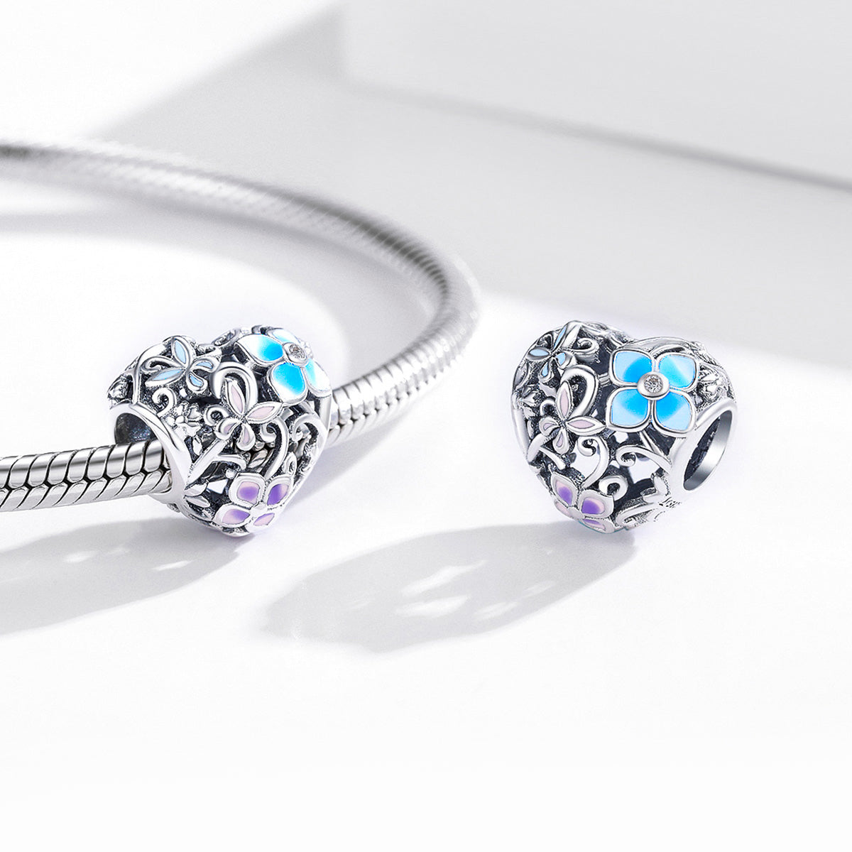 SOLID Sterling Silver Pastel Floral Decorative Heart Charm - AVILIA Designs