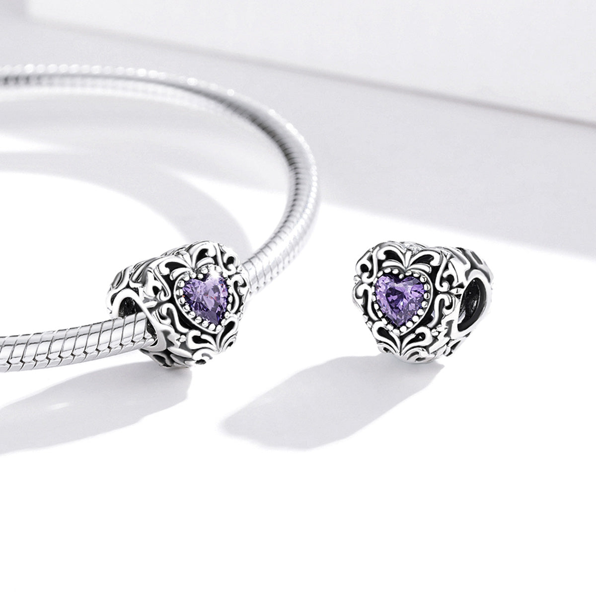 SOLID Sterling Silver Vintage Romance Heart Purple CZ Charm - AVILIA Designs