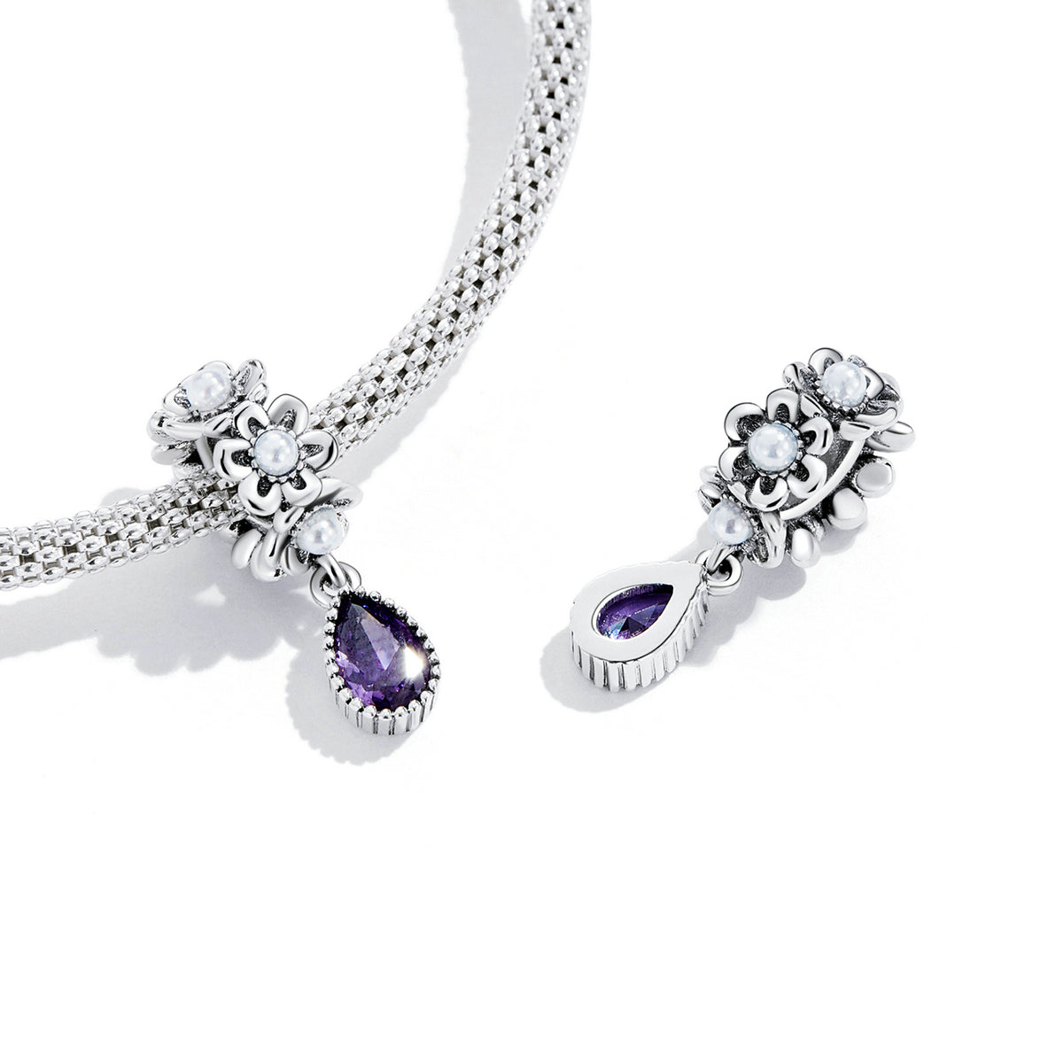 SOLID Sterling Silver Vintage Pearl Floral Hanging CZ Charm Pendant - AVILIA Designs