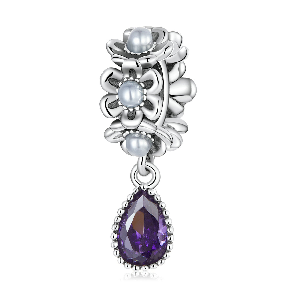 SOLID Sterling Silver Vintage Pearl Floral Hanging CZ Charm Pendant - AVILIA Designs