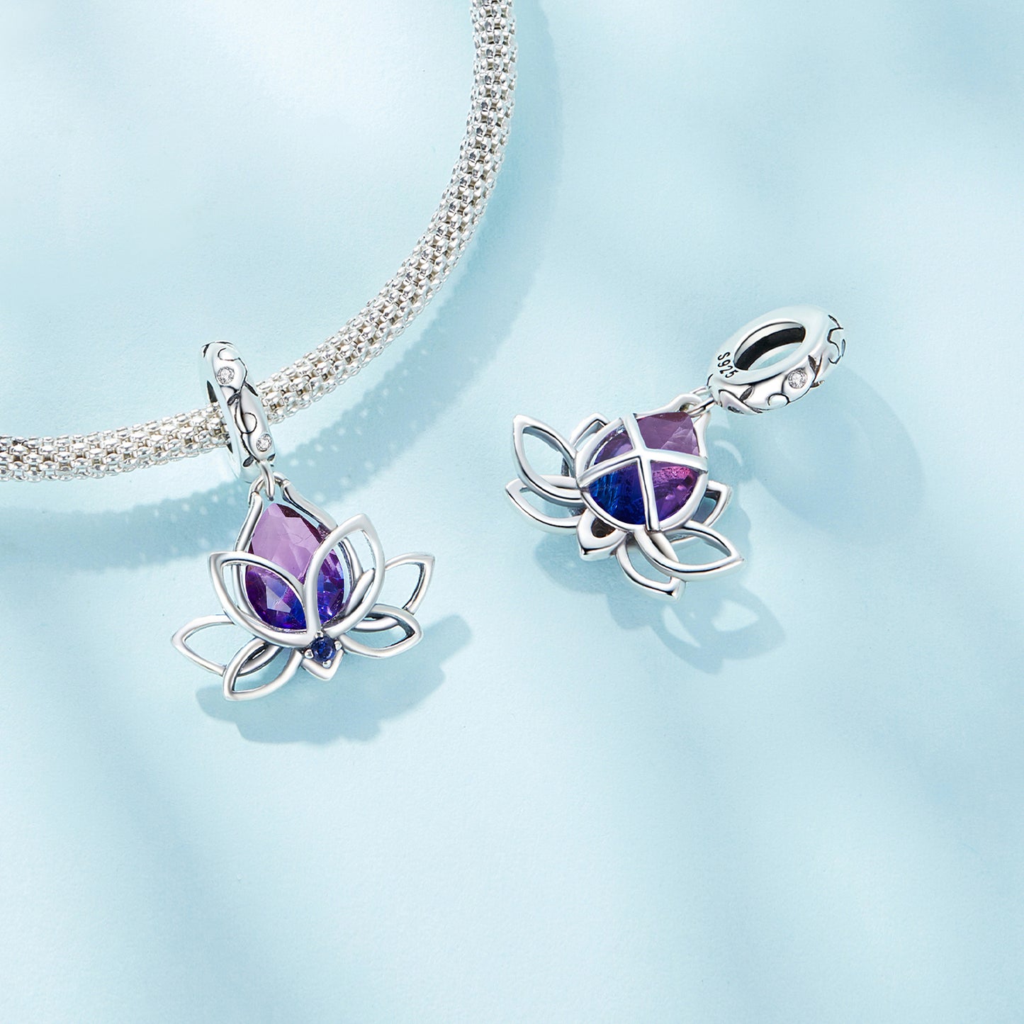SOLID Sterling Silver Hanging Mystic CZ Lotus Charm Pendant - AVILIA Designs