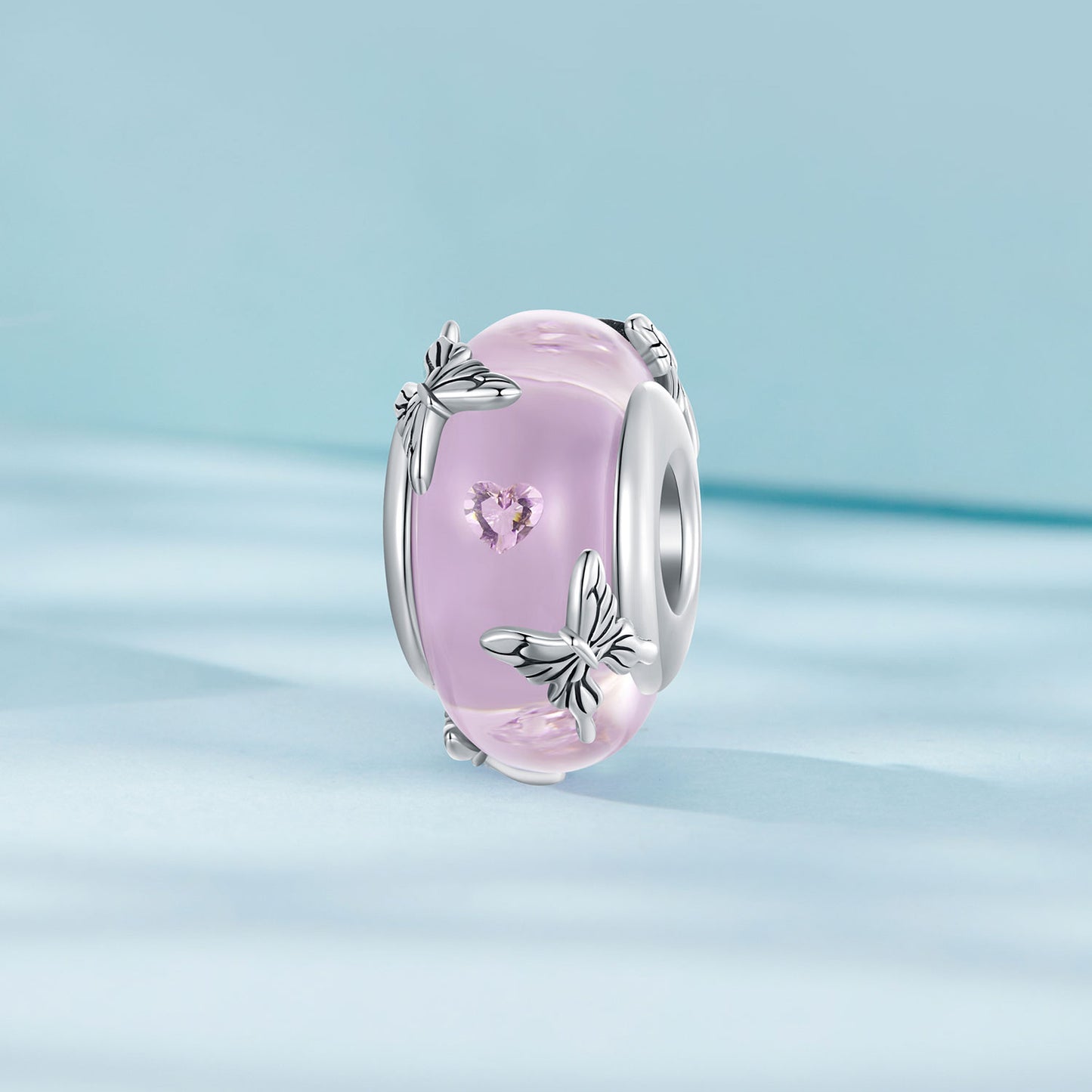 S925 Sterling Silver Pink Butterfly Hearts Glass Murano Charm - AVILIA Designs