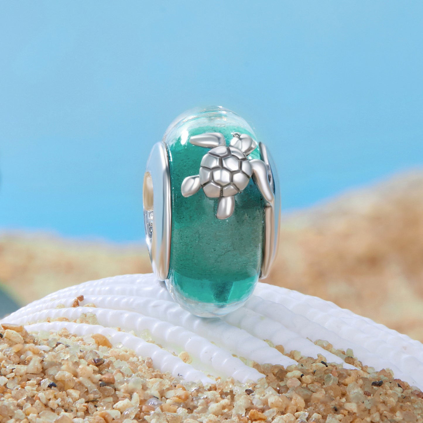 S925 Sterling Silver Aqua Green Sea Turtle Glass Murano Charm - AVILIA Designs
