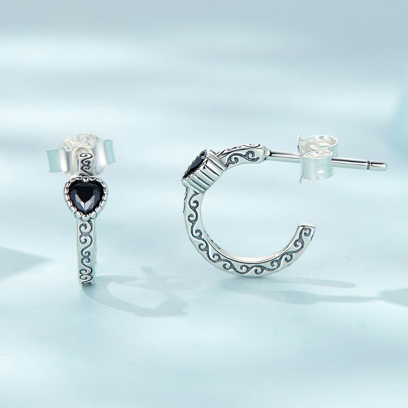 SOLID Sterling Silver 11mm Vintage Black Heart Hoop Earrings - AVILIA Designs
