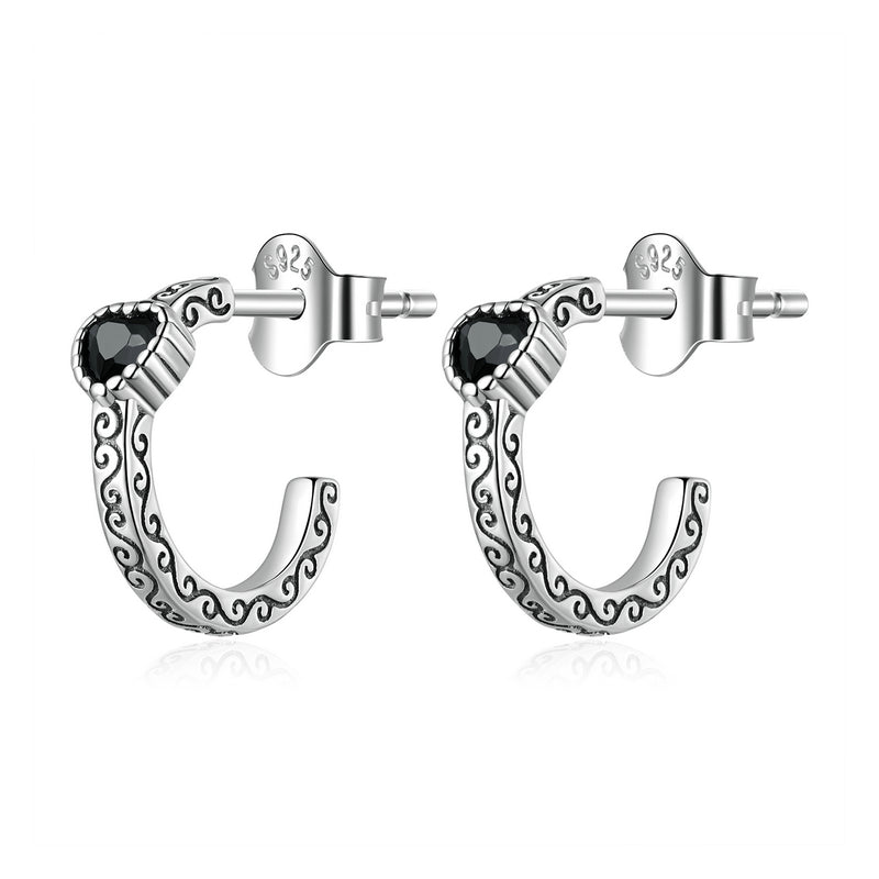 SOLID Sterling Silver 11mm Vintage Black Heart Hoop Earrings - AVILIA Designs