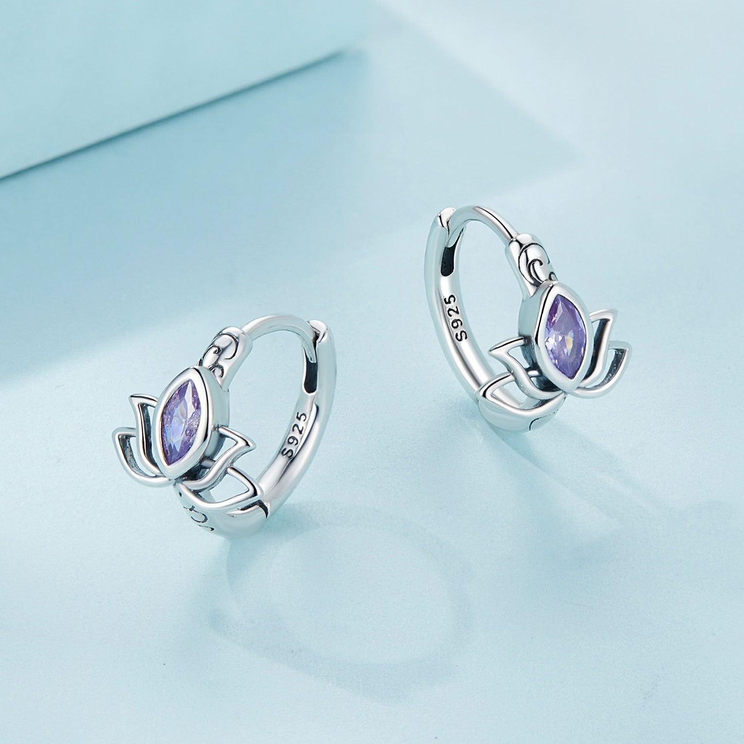 SOLID Sterling Silver Lotus flower Hoop Purple CZ Earrings - AVILIA Designs