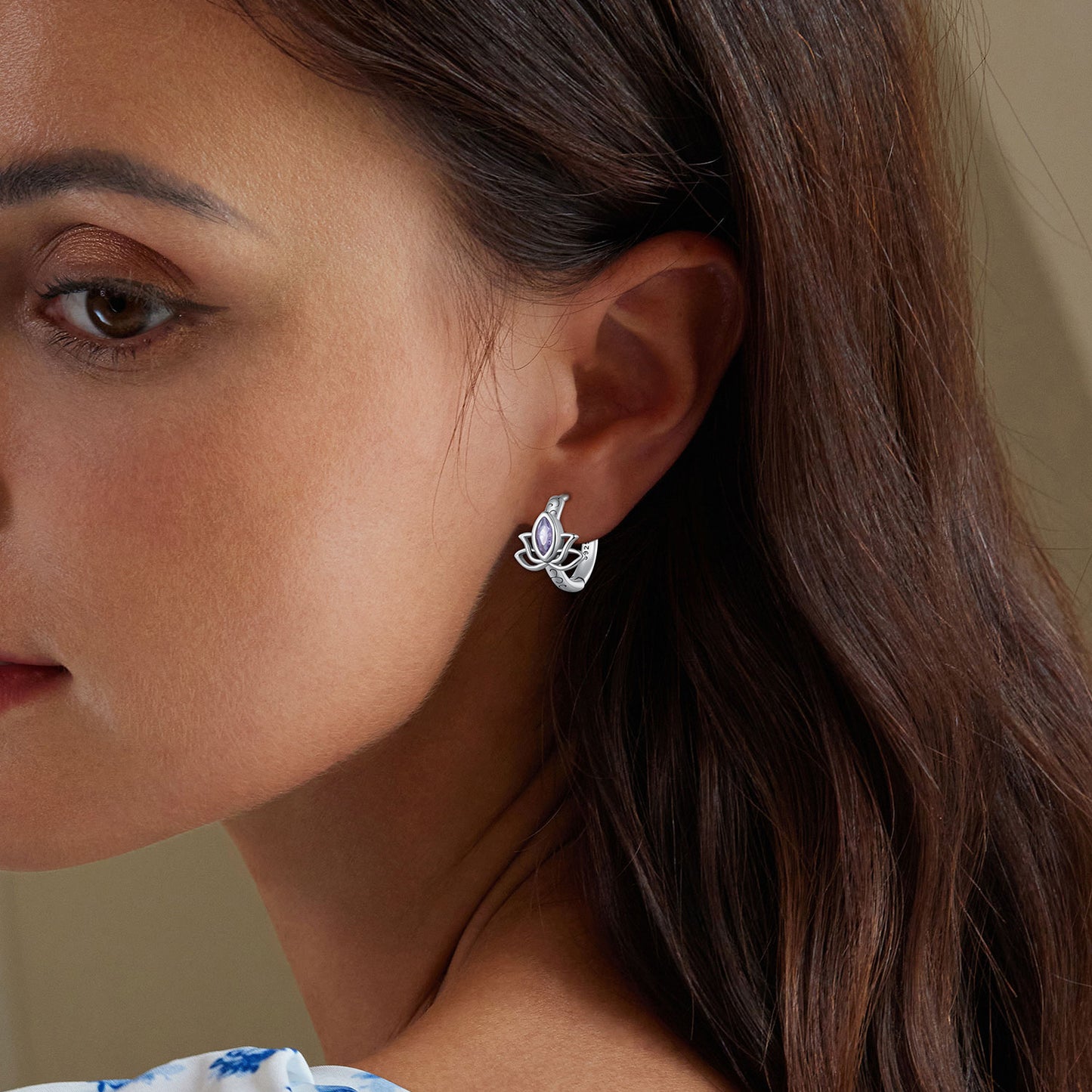 SOLID Sterling Silver Lotus flower Hoop Purple CZ Earrings - AVILIA Designs