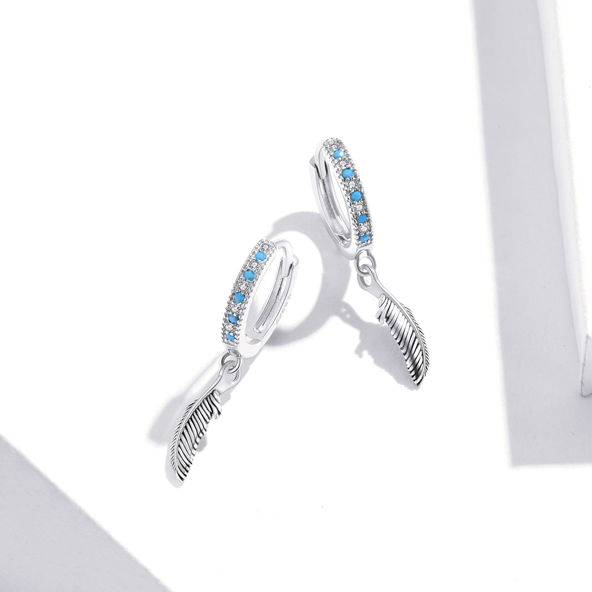 SOLID Sterling Silver Hoop Bohemian Feather Turquoise Earrings - AVILIA Designs
