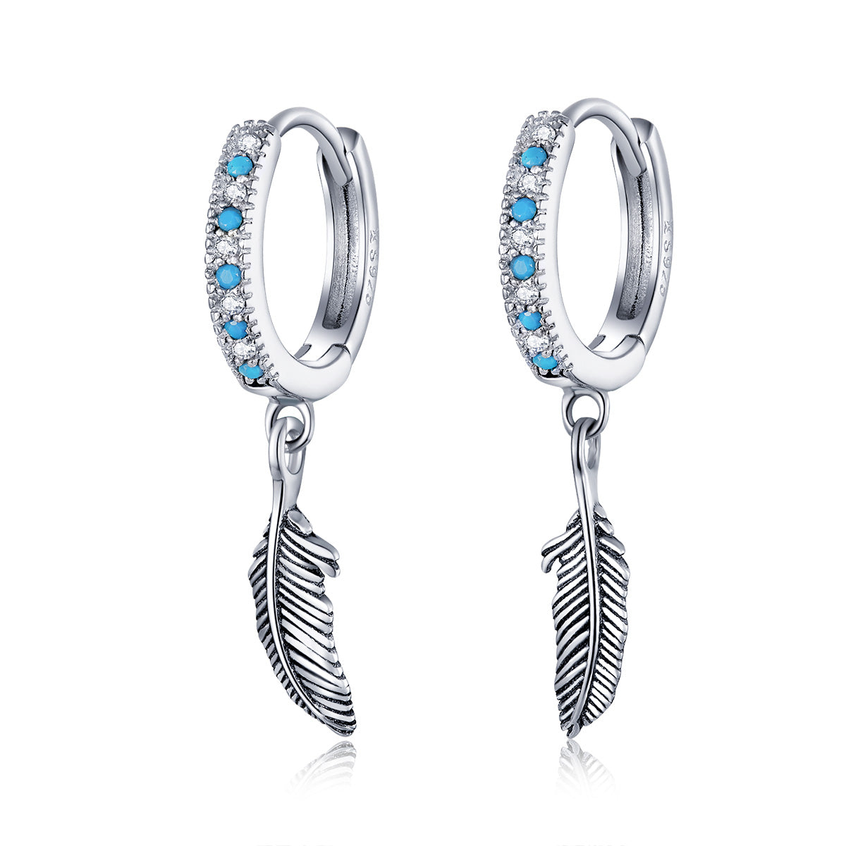 SOLID Sterling Silver Hoop Bohemian Feather Turquoise Earrings - AVILIA Designs