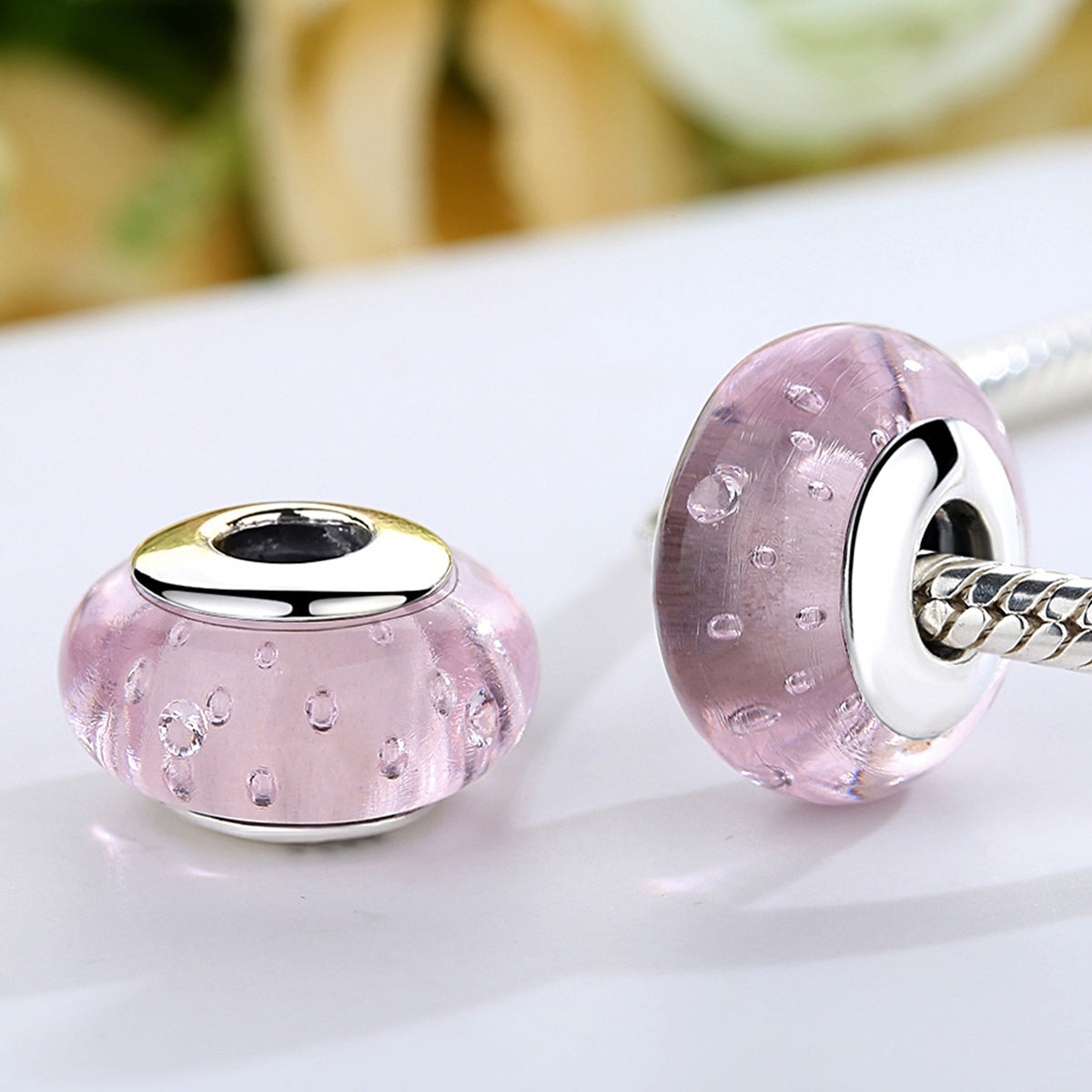 S925 Sterling Silver Pink CZ Bubbles Glass Murano Charm - AVILIA Designs