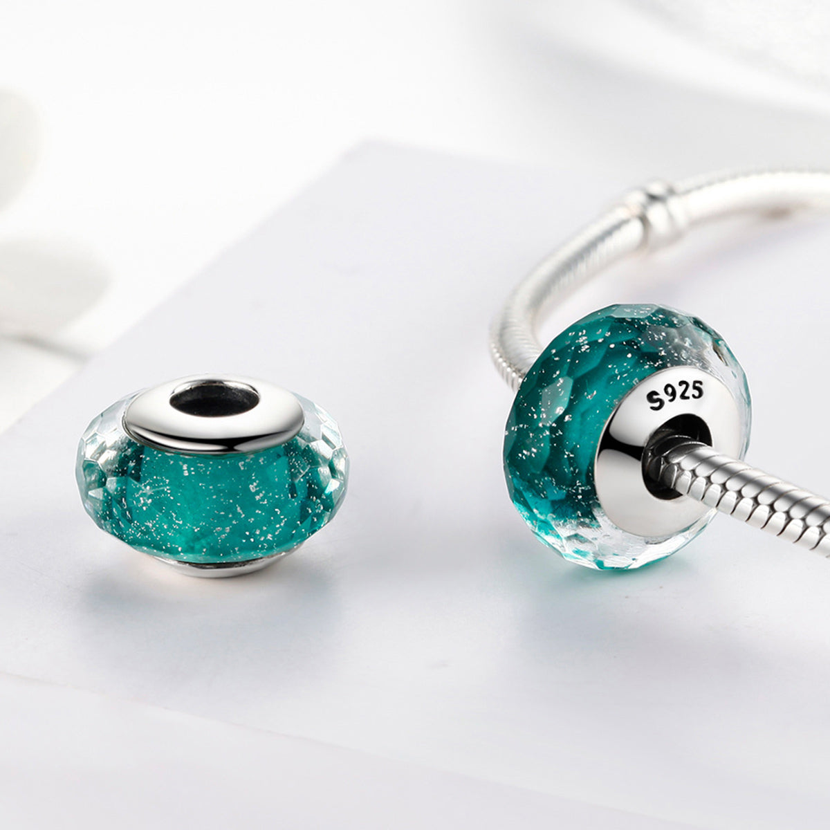 SOLID Sterling Silver Aqua Green Faceted Murano Glass Charm - AVILIA Designs