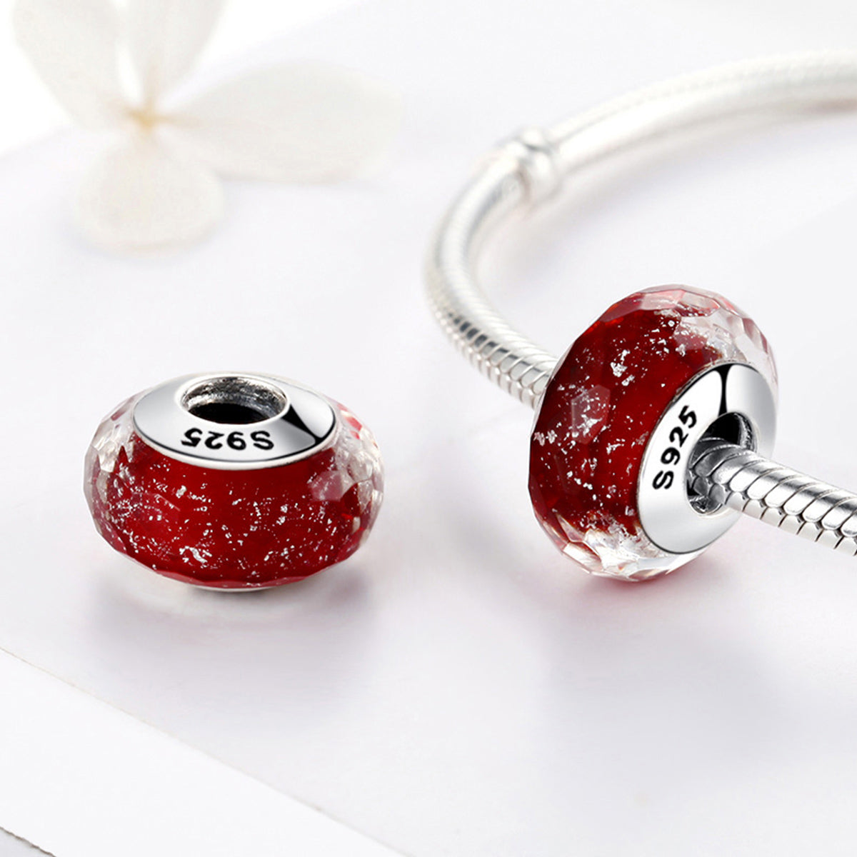 S925 Sterling Silver RED Snow White Faceted Murano Glass Charm - AVILIA Designs