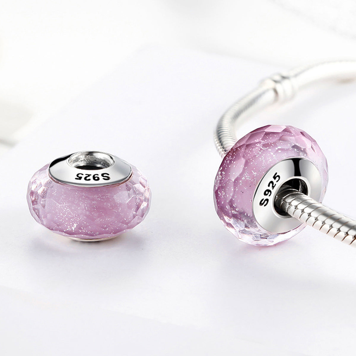 S925 Sterling Silver PINK Sparkle Faceted Murano Glass Charm - AVILIA Designs