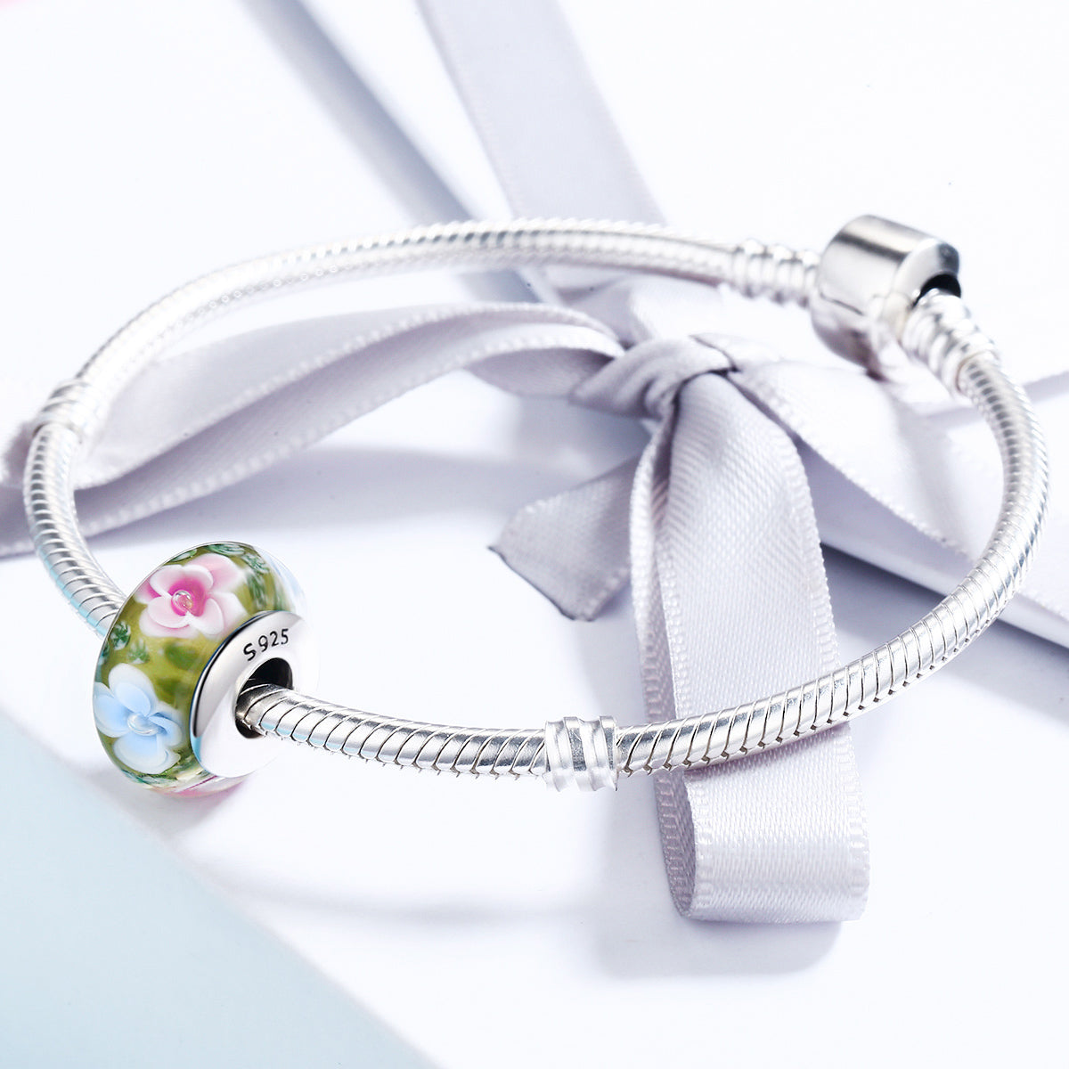 SOLID Sterling Silver Rose Garden Flower Murano Glass Charm - AVILIA Designs
