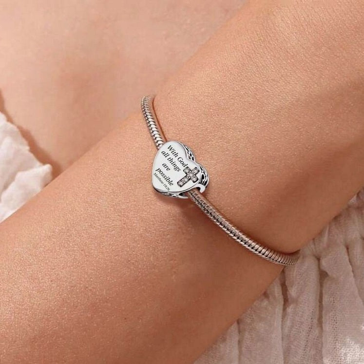 S925 Sterling Silver With God All Things Possible Heart Religious God Jesus Charm - AVILIA Designs